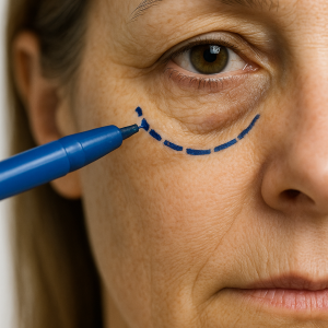 Close-up van het rechteroog van een vrouw met zichtbare wallen, afgetekend met een blauwe medische inktpen voor een wallencorrectie.